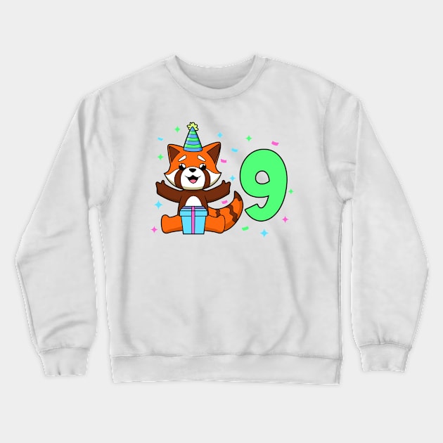 I am 9 with red panda - kids birthday 9 years old Crewneck Sweatshirt by Modern Medieval Design